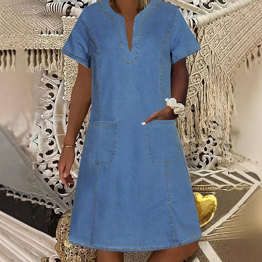 Solène™ – Lightweight Breathable Denim V-Neck Dress with Pockets + 50% OFF