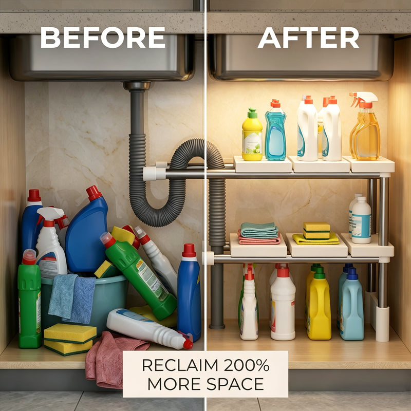 Alcove – Expandable Under-Sink Shelf with Removable Panels & No-Wobble Frame + 50% OFF